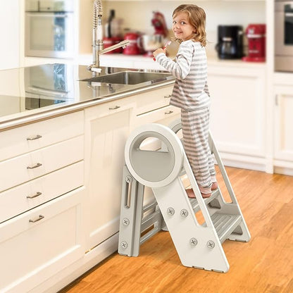 3 Step stools for Kids, Toddler Tower, Toddler Step Stool for Bathroom Sink, Kitchen Counter Helper, Toilet Potty Training, with Safety Handles and Non-Slip Desgin (Grey-White)