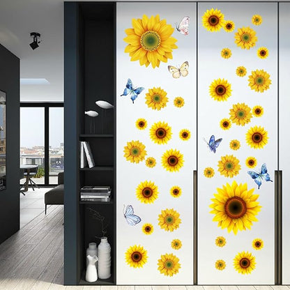 Sunflower Wall Stickers with 3D Butterfly Removable Yellow Flower Wall Decals Waterproof Sunflower Decor Mural for Nursery Baby Kids Bedroom Living Room Bathroom Kitchen Decoration (44 Pcs Yellow)