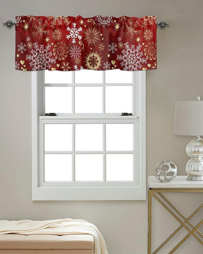 Vandarllin Christmas Kitchen Curtains Valances for Windows Snowflake Pattern Rod Pocket Window Treatment for Kitchen/Living Room/Bedroom/Bathroom,42" X 18" -1 Panel, Gold White