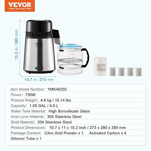 VEVOR Water Distiller, 4L 1.05 Gallon Pure Water Purifier Filter for Home Countertop, 750W Distilled Water Maker, Stainless Steel Interior Distiller Water Making Machine to Make Clean Water, Silvery