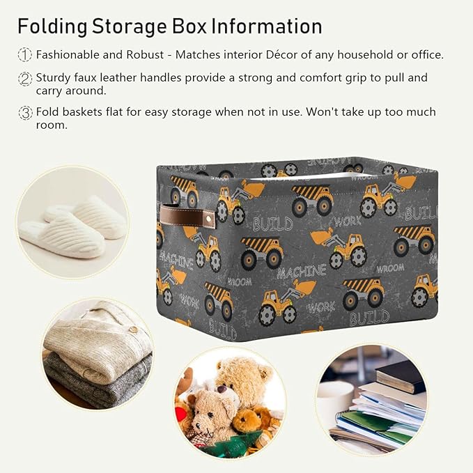 Construction Truck Excavator Storage Basket Fabric Toys Baskets Build Work Machine Boys Open Home Storage Bins Boxes Foldable Organizer Bag for Baby Cloth Toy Book Shelf Closet Baskets 16×12×8 Inches