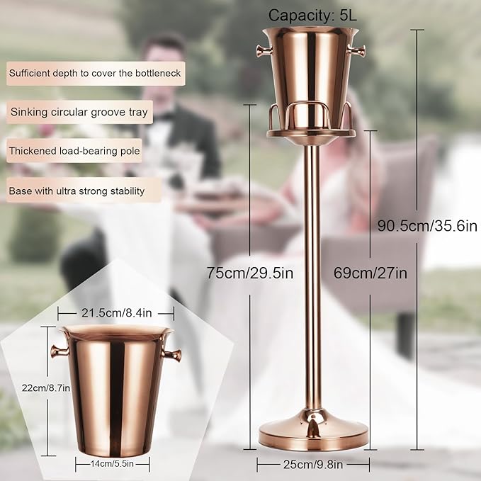 Champagne Bucket with Stand,Ice Bucket with Stand Stainless Steel Bucket Wine Chiller On Stand 12Lb Hammered Tall Ice Bucket Stand for Party Bar Ktv Bbq Home,3ft (rose gold, 2 packs)