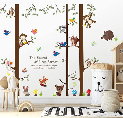 Cartoon Birch Trunks and Animals Wall Decals Forest Tree Wall Sticker DIY Peel and Stick Owls Monkey Birds Decal for Living Room Kitchen Playroom Nursery Kids Bedroom Classroom Home Decoration (C)