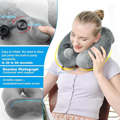 Self-Inflatable Neck Travel Pillow with Compact Bag and Washable Cover for Sleeping Airplane Soft Velvet Pillow for Long Flight Neck Cushion for Head Support Car Home Office (GreyGreen 2 Pack)