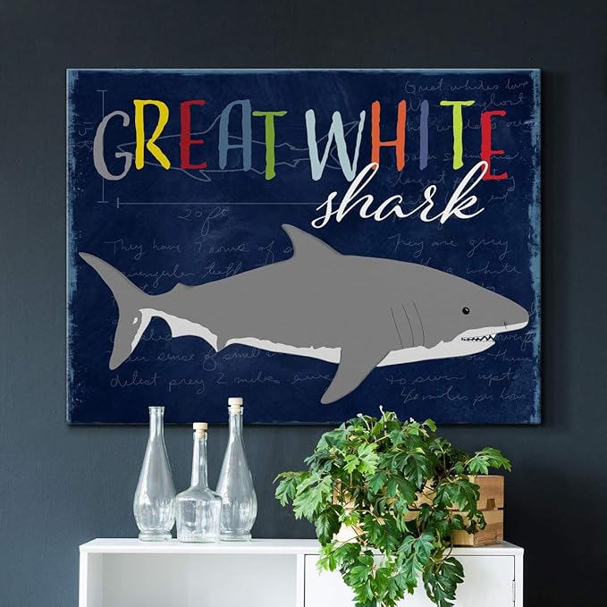 Renditions Gallery Canvas Animal Wall Art Home Paintings & Prints Smiling Playful White Shark Modern Abstract Vibrant Wall Hanging Decorations for Kids Bedroom Nursery - 32"x48" LT33