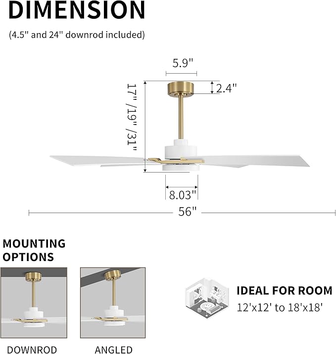 WINGBO 56 Inch DC Ceiling Fan with Lights and Remote, 4 Plywood Blades, 6-Speed Reversible DC Motor, Dimmable, 3CCT, Farmhouse Ceiling Fan for Bedroom Living Room Kitchen, Brass and White