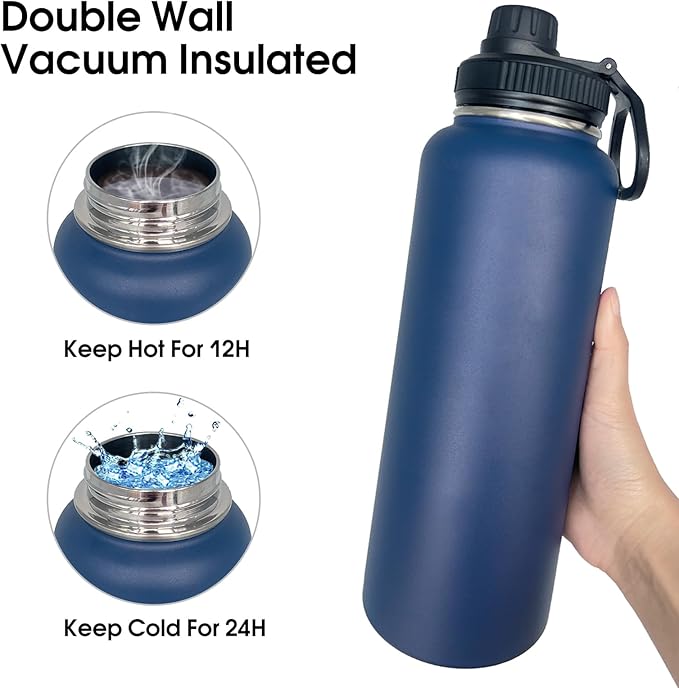 1pack 40 oz Insulated Water Bottle With Straw, Stainless Steel Sports Water Cup Flask with 2 Lids, Wide Mouth Travel Thermal Mug,Navy