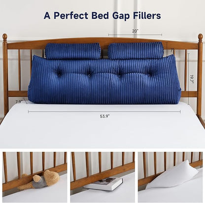 Z-hom Full Triangular Headboard Pillow, Full Size Wedge Headboard Pillow with 2 Roll Pillows, Full Bed Reading Pillows Large Backrest Wedge Pillow (Blue, Full: 54”x20”x8”)