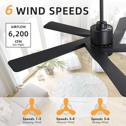 WINGBO 54" ABS DC Ceiling Fan with Lights, 5 Blade ABS Plastic Ceiling Fan with Remote, 6-Speed Reversible DC Motor, LED Ceiling Fan for Kitchen Bedroom Living Room, Matte Black