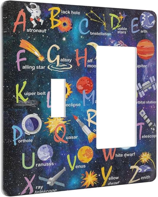 ABC Outer Space 2 Gang Single Toggle Rocker Combination Light Switch Cover Alphabet Galaxy Boys Educational Decorative Wall Plate Cover Electrical Faceplate for Kidroom Nursery Boyroom Kitchen Decor