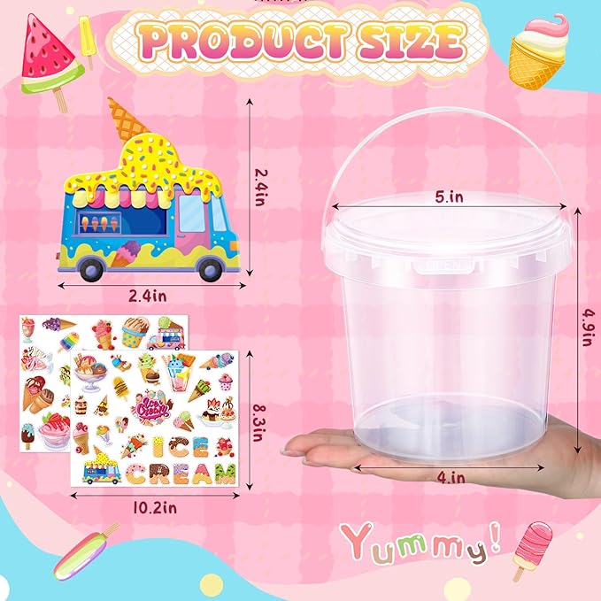 12 Pcs 1L Rum Buckets for Drinks with Lids and Handles 150 Stickers Clear Plastic Ice Cream Tub Cocktail Drink Buckets Reusable Food Containers for Summer Beach Party Supplies