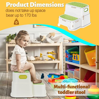 2 Step Stool for Kids, Anti-Slip Toddler Toilet Potty Training Stool with Handles, Two Step Stool for Bathroom, Kitchen, Bedroom, Living Room (Green)