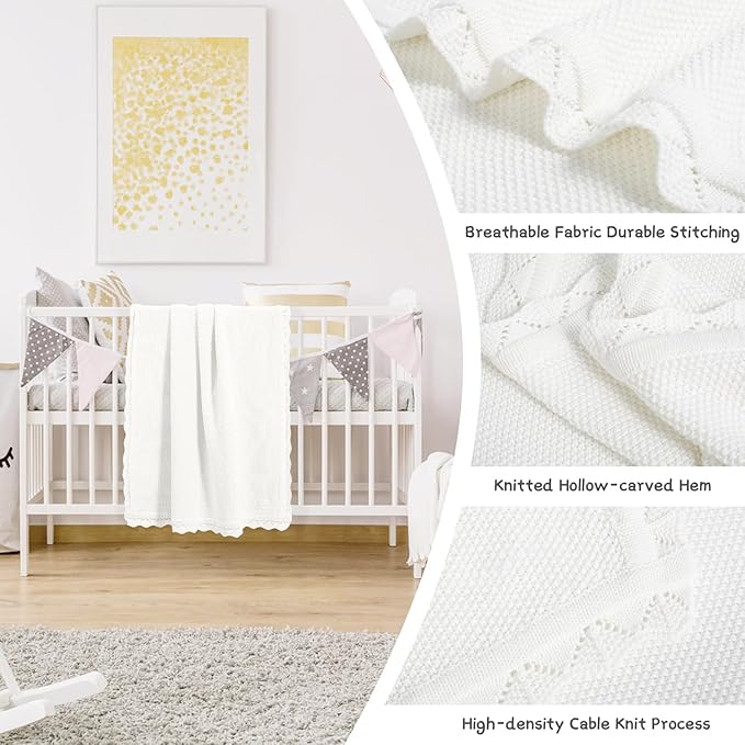 100% Cotton Baby Blanket Knit Lace Soft Warm Toddler Blanket,30 x 40 Inches，White