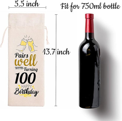 100th Birthday Gifts Linen Wine Bag - 100 Years Old Anniversary Milestone Keepsake Ideas for Darling Dad Brother Friends - Wine Not Included (100th)