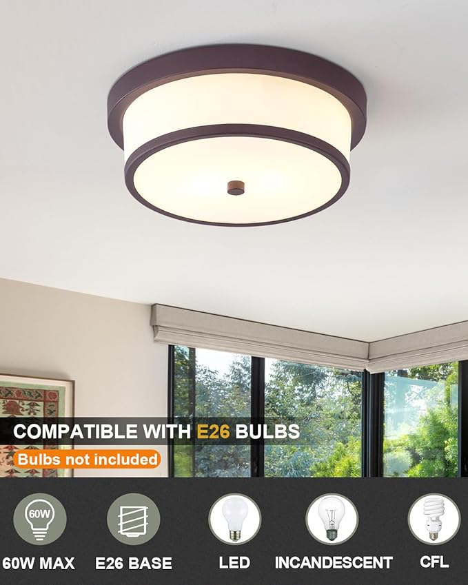 12 inch Flush Mount Ceiling Light, 2-Light Close to Ceiling Light Fixtures with Oil Rubbed Bronze Finish for Bathroom Bedroom Kitchen Hallway (Oil Rubbed Bronze)