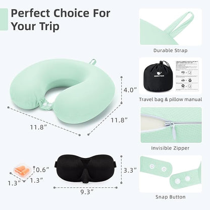 Travel Pillow, Cooling Neck Pillow Airplane Memory Foam with Sleep Mask Earplugs, Soft & Support Airplane Pillow for Travelling Plane Car Train Home Use, Light Green