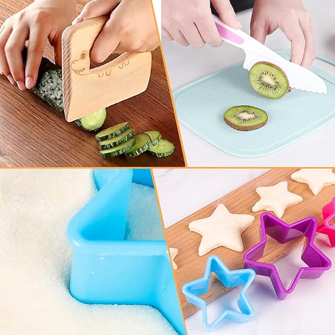 27 Pieces Wooden Kids Kitchen Knife and Cookie Cutter Set, Kid Safe Knives Cutting Veggies Fruits Include Wood Knife Serrated Edges Knives Sets Cookie Cutters for Toddler Kitchen