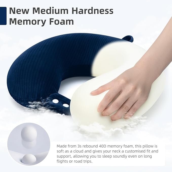 Travel Pillow, Neck Pillow Airplane Memory Foam with Sleep Mask Earplugs, Soft & Support Fleece Airplane Pillow for Travelling Plane Car Train Home Use, Navy