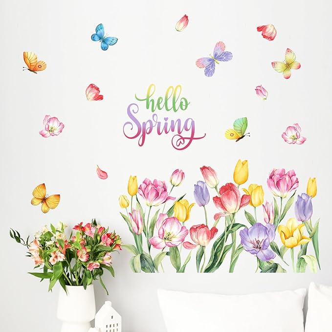 Mfault Hello Spring Wall Decals Stickers, Tulip Flower Butterfly Decorations Bedroom Art, Floral Seasonal Home Kitchen Decor Party Supplies