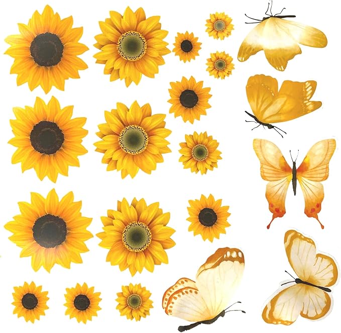 Sunflower Wall Decals, Butterfly Wall Stickers Sunflower Peel and Stick Decor for Bedroom Kitchen Living Room Home Decor