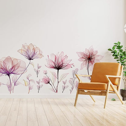 Zonon Flowers Wall Decals Vinyl Dragonflies Flowers Wall Stickers Removable Floral Wall Murals Peel and Stick Colorful Flower Wall Decor for Bedroom Living Room Nursery(Floral)