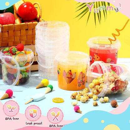 12 Pcs 1L Rum Buckets for Drinks with Lids and Handles 150 Stickers Clear Plastic Ice Cream Tub Cocktail Drink Buckets Reusable Food Containers for Summer Beach Party Supplies