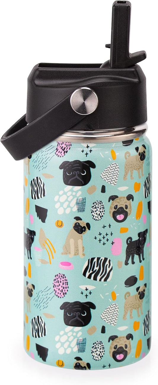 12oz Kids Insulated Water Bottle with Flip Straw & Big Handle, Cute Dog, Double Wall 18/8 Stainless Steel, Leakproof Gift for Kids Boys Girls to School Travel Sports, Hands Wash Only, Green