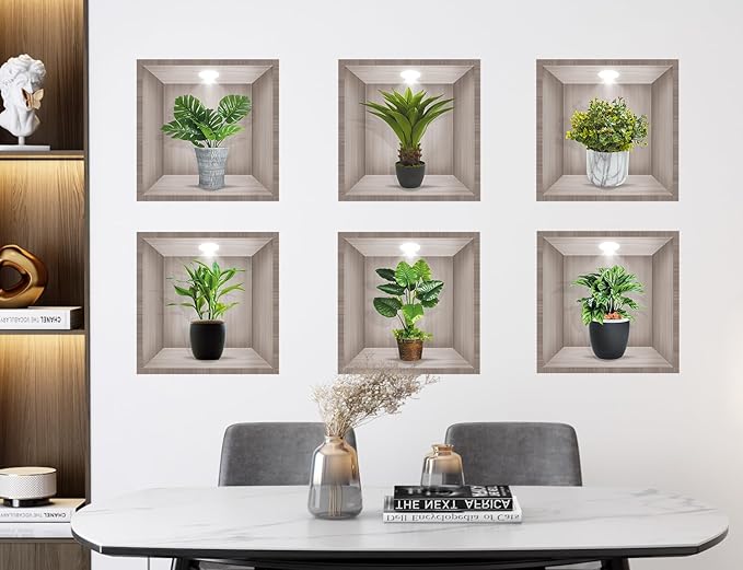 6PCS Creative 3D Green Plants Wall Decals Tropical Plant Potted Wall Sticker Nature Vinyl DIY Removable Peel and Stick Wallpaper for Womens Kids Bedroom Kitchen Background Nursery Office Decor 39091AB