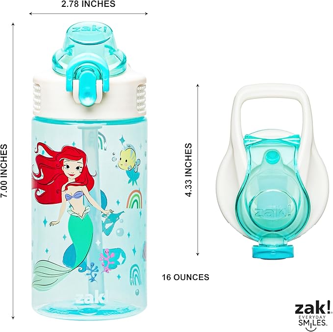 Zak Designs Sage Disney Princess Kids Water Bottle For School or Travel, 16oz Durable Plastic Water Bottle With Straw, Handle, and Leak-Proof, Pop-Up Spout Cover (Ariel & Jasmine)