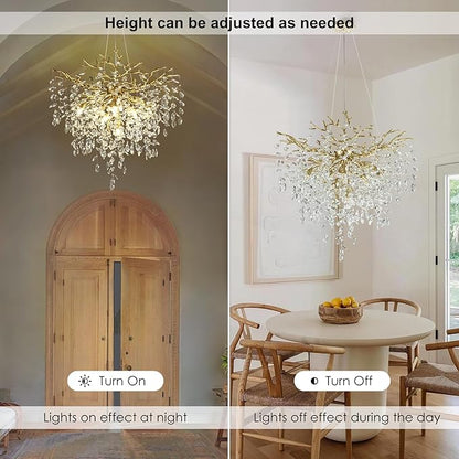 32 inch Crystal Chandelier for Dining Room, Round Gold Tree Branches Chandeliers, Top K9 Crystal Chandelier, Modern Chandeliers for Kitchen,Foyer Entryway,Luxury Adjustable Hanging Chandelier