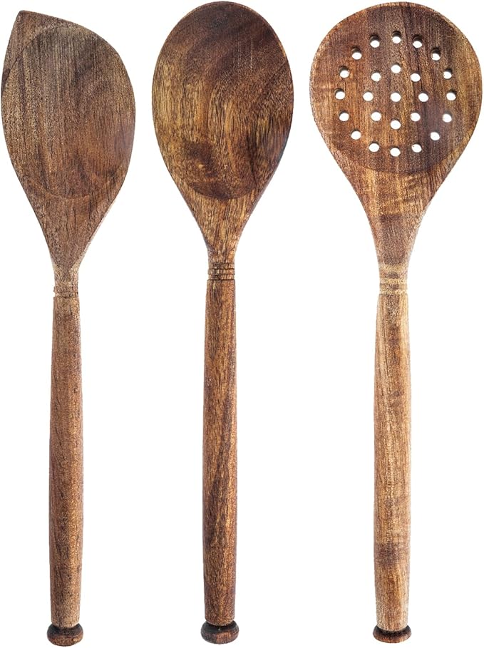 3pc Solid Acacia Wood Spoons and Skimmer Kitchen Utensils Set Cooking Baking Home Essentials, 12 Inch