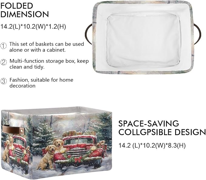 Christmas Truck Golden Retriever Storage Basket Fabric Kitchen Baskets Winter Car Dogs Xmas Tree Open Home Storage Bins Boxes Foldable Organizer Bag for Book Shelf Closet Baskets 16×12×8 Inches