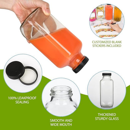 16 oz Juicing Bottles Reusable Glass 6 Pack, Square Glass Juice Bottles with Lids & Stickers,Clear Empty Glass for Beverages, Jams, Kombucha, Milkshakes,Oils or Spices(16fl.oz,set of 6)