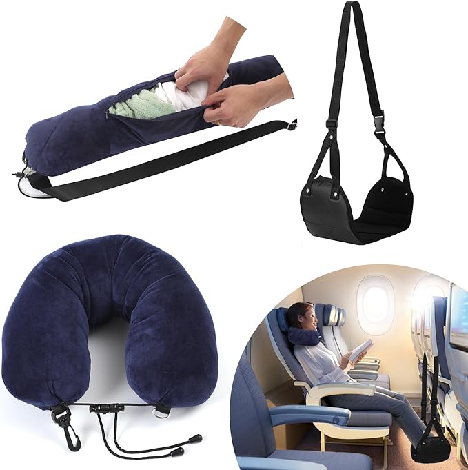 2 in 1 Stuffable Travel Neck Pillow for Extra Luggage & Airplane Footrest Set, Stuffable Neck Pillow for Travel, Airplane Foot Hammock, Fits 3+ Days of Airplane Travel Essentials (Blue)