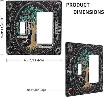 Tree of Life Blackground 2 Gang Single Toggle Rocker Combination Light Switch Cover Hippie Sun Moon Star Decorative Wall Plate Cover Electrical Faceplate for Bathroom Bedroom Kitchen Decorate