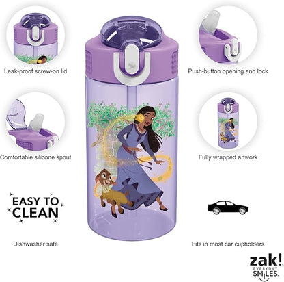 Zak Designs Disney Wish Kids Water Bottle For School or Travel, 16oz Durable Plastic Water Bottle With Straw, Handle, and Leak-Proof, Pop-Up Spout Cover (Asha & Valentino)