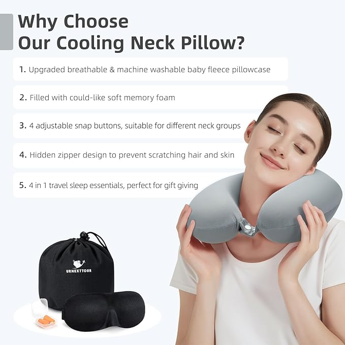 Travel Pillow, Cooling Neck Pillow Airplane Memory Foam with Sleep Mask Earplugs, Soft & Support Airplane Pillow for Travelling Plane Car Train Home Use, Grey