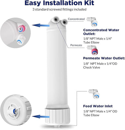 Membrane Solutions 150 GPD RO Membrane, Reverse Osmosis Membrane with Membrane Housing, Replacement for Under Sink Home Drinking RO Water Filter System, Wrench, 1/4" Quick-Connect Fittings,Check Valve