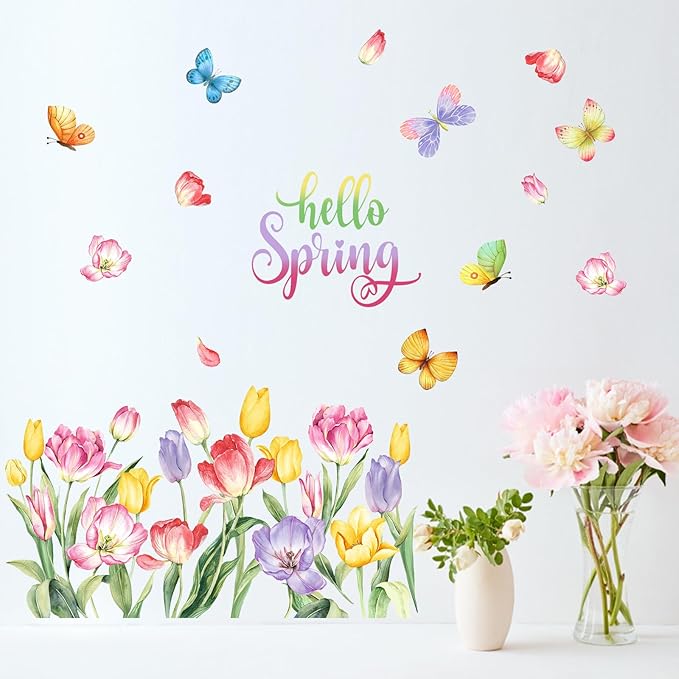 Mfault Hello Spring Wall Decals Stickers, Tulip Flower Butterfly Decorations Bedroom Art, Floral Seasonal Home Kitchen Decor Party Supplies