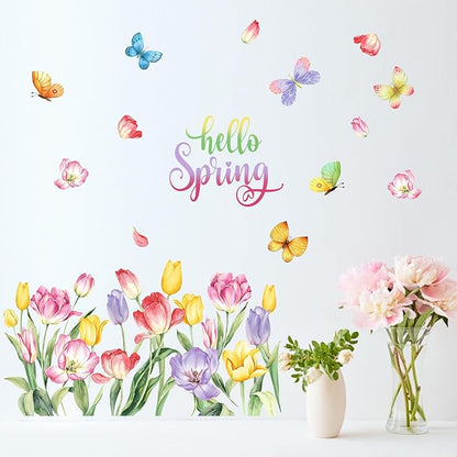 Mfault Hello Spring Wall Decals Stickers, Tulip Flower Butterfly Decorations Bedroom Art, Floral Seasonal Home Kitchen Decor Party Supplies