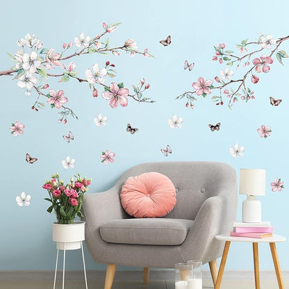 AM AMAONM Removable 3D Ink Style Brown Tree Branches and Pink WhiteFlower Wall Decals Plum Blossom Flowers and Butterfly Wall Sticker Peel and Stick Wall Decor for Home Walls Living Room Kids Baby