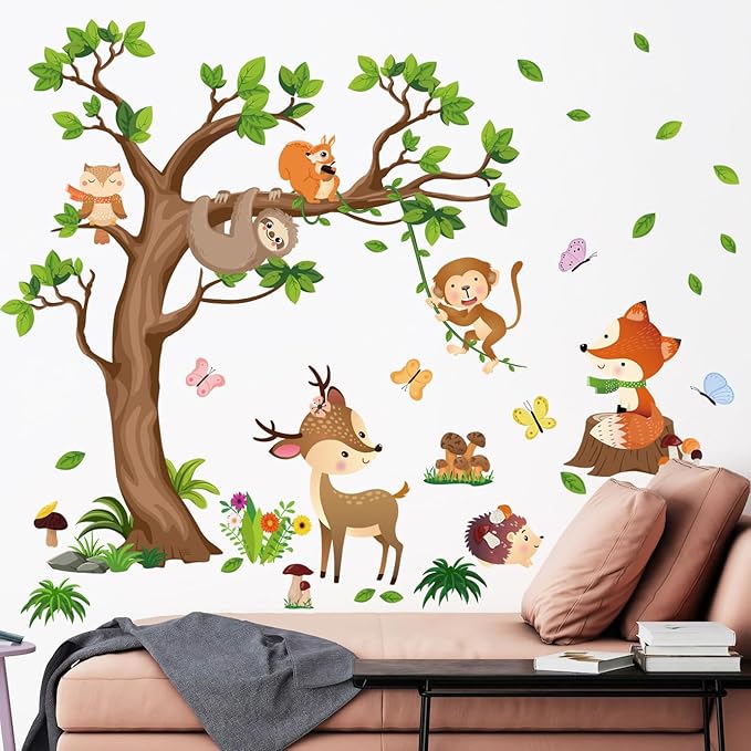 AM AMAONM Removable Jungle Animals Fox Deer Elephant Birds Lion Wall Decals DIY Tree and Leaves Wall Sticker Peel and Stick Home Wall Art Decor for Kids Baby Boys Nursery Bedroom Classroom (39153)