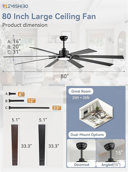 80 inch Large Ceiling Fans with Lights and Remote, Indoor/Outdoor Black Modern Ceiling Fan for Kitchen Living Room Patio, 6 Speed Reversible Quiet DC Motor, 3 CCT, Dual Finish 8 Blades