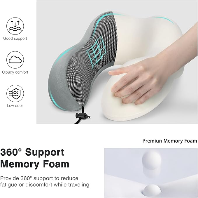 Neck Pillow for Airplane, Memory Foam Travel Pillows, Soft & Support Travel Pillow for Travelling, Sleeping Rest, Car, Train and Home Use (Grey/Hump-Shaped)