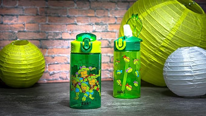 Zak Designs Teenage Mutant Ninja Turtles Kids Water Bottle For School or Travel, 16oz 2 Count (Pack of 1) Durable Plastic Water Bottle With Straw, Handle, and Leak-Proof, Pop-Up Spout Cover (TMNT)