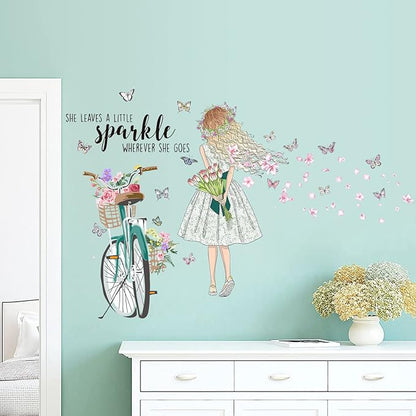 Bike Girl Wall Stickers Flower and Butterfly Wall Art Decal DIY Peel and Stick Motivational Quotes Wall Sticker for Home Decor Living Room TV Sofa Background Bathroom Girls Kids Bedroom Office Kitchen (B)