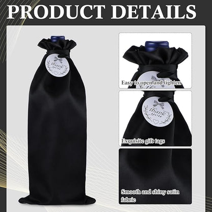 Windyun 50 Pcs Satin Wine Bags Wine Bottle Bags with Thank You Tags Reusable Satin Drawstring Bags for Travel Christmas Wedding Birthday Holiday Party Housewarming Gift Giving Home Storage (Black)