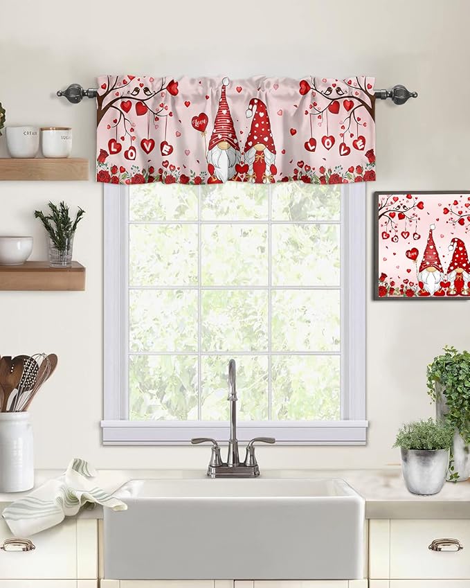 Vandarllin Valentines Day Decor Valances Kitchen Curtains for Windows, Valentine's Hearts Gnomes Love Tree Rod Pocket Valances Red Roses Short Curtains for Bedroom/Living Room,54" X 18" -1 Panel