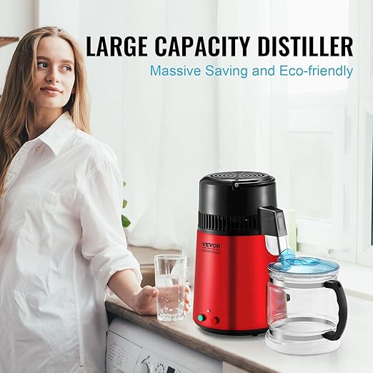 VEVOR Water Distiller, 4L 1.05 Gallon Pure Water Purifier Filter for Home Countertop, 750W Distilled Water Maker, Stainless Steel Interior Distiller Water Making Machine to Make Clean Water, Red