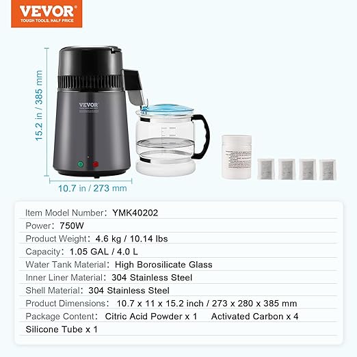 VEVOR Water Distiller, 4L 1.05 Gallon Pure Water Purifier Filter for Home Countertop, 750W Distilled Water Maker, Stainless Steel Interior Distiller Water Making Machine to Make Clean Water, Gray